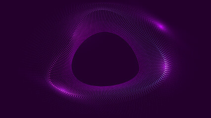 Dark purple fluid shape made of luminous digital particles with copy space in the middle