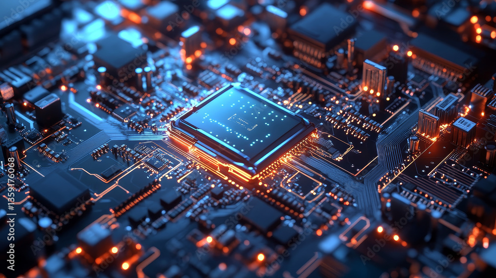 Poster cybercube and database 3d illustration. futuristic motherboard. digital circuit and quantum processo