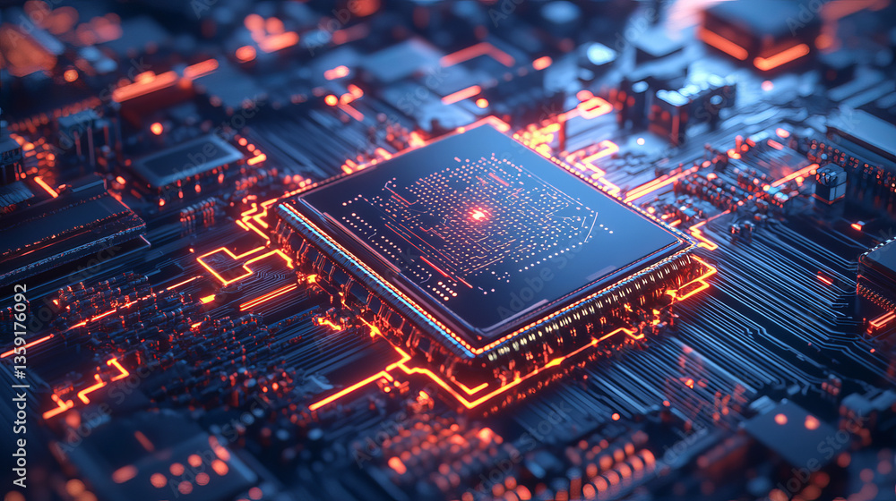 Poster cybercube and database 3d illustration. futuristic motherboard. digital circuit and quantum processo