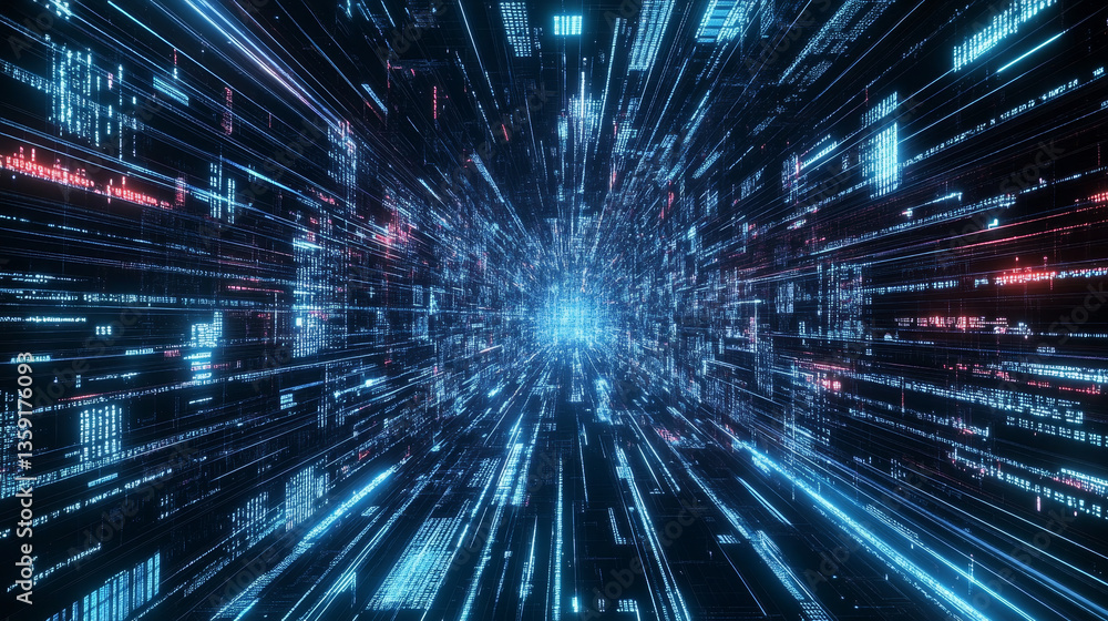 Poster digital data stream. big data metaverse. 3d illustration of network field of code strings