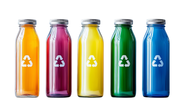 Colorful glass bottles with recycling symbols, showcasing eco-friendly choices in vibrant hues.