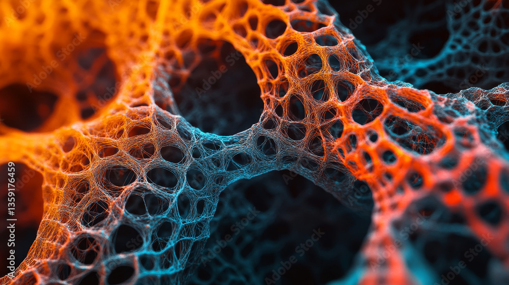 Poster nano molecular mesh design. under microscope. 3d illustration of an abstract molecular formula