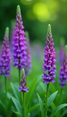 Fototapeta premium A vibrant burst of purple plants in full bloom, standing out against a lush green background, blooming, environment