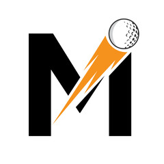 Initial Letter M Golf Logo Design With Speed Icon. Hockey Sports Academy Sign, Club Symbol