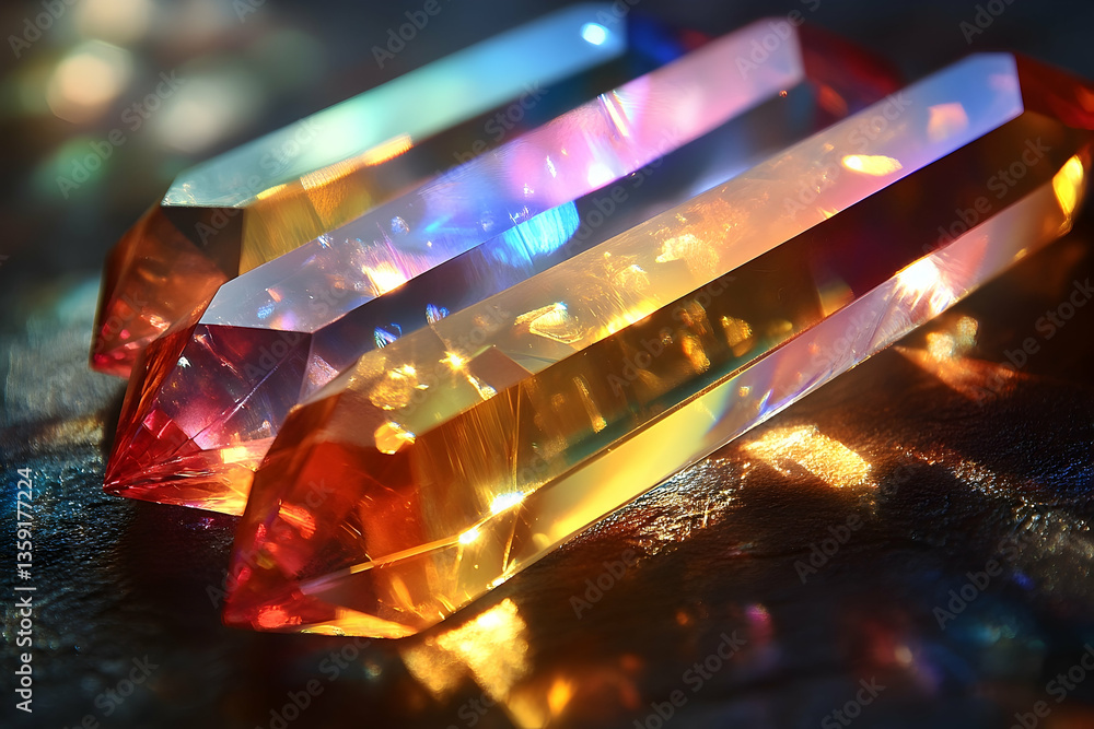 Poster colorful crystals reflecting light on a dark surface, creating a vibrant and mesmerizing display
