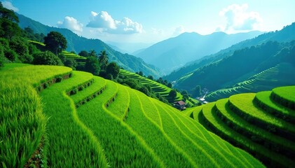 Fototapeta premium A stunning aerial shot showcasing vibrant green rice terraces against a clear blue sky, panoramic view, scenery