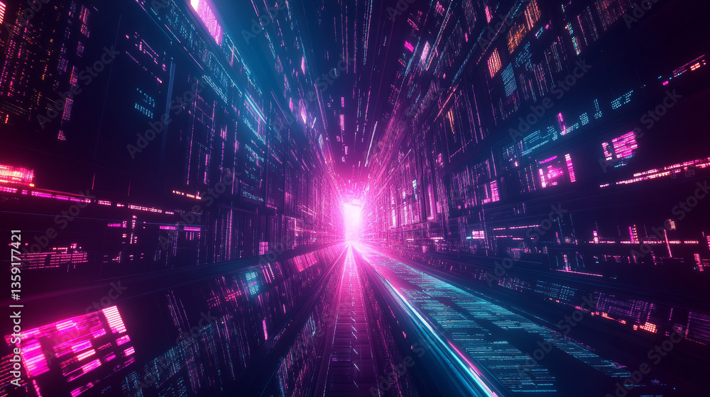 Poster futuristic sci-fi cyberspace in neon light. blocks of information in a digital data stream. portal, 