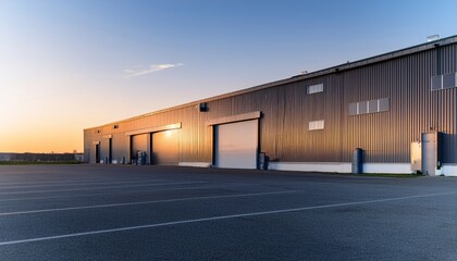 Modern Industrial Warehouse at Sunset with Clear Sky