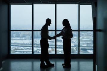 Fototapeta premium Colleagues shaking hands to each other while standing against panoramic window in office hall