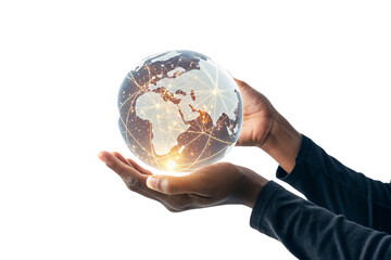 A luminous, golden-glowing globe with interconnected lines is held by two hands, depicting global networking, digitalization, and worldwide communication, isolated on a transparent background
