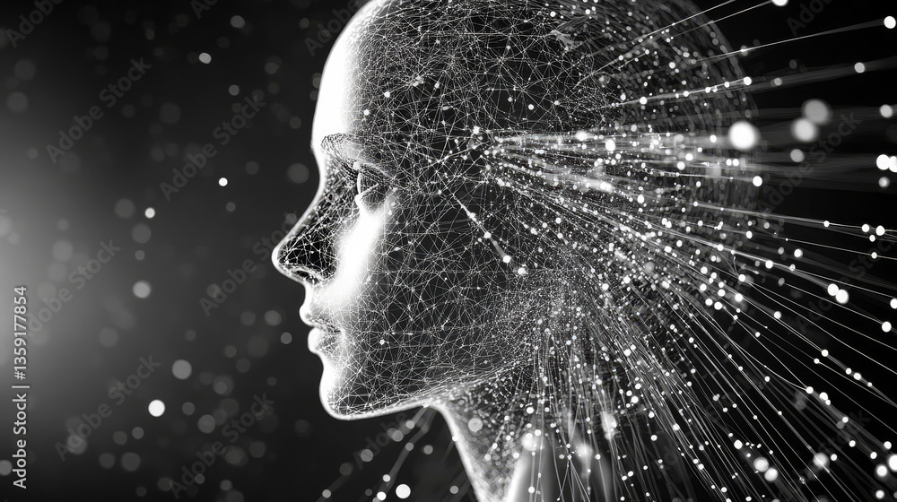 Poster white and black, monochrome. brain and mind. artificial intelligence framework developed by a neural