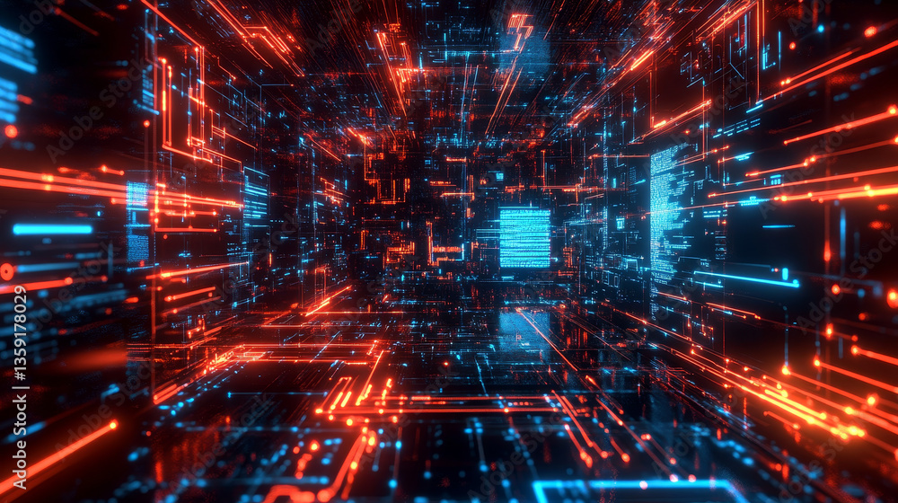 Poster data stream. neural network, artificial intelligence and digital business. 3d illustration of electr