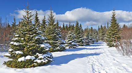 Snow-covered evergreen trees line a snowy path on a sunny winter day.