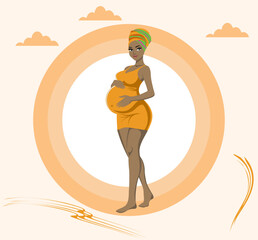 Elegant Pregnant African Woman in Orange Dress with Headwrap – Vector Illustration