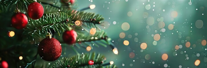 C Christmas banner with christmas tree with red ornaments and blurred green background with lights, banner design. Christmas decoration concept