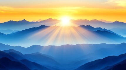 The sun shining brightly over layered blue mountain ranges at dawn