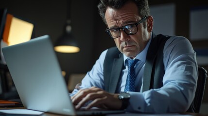 A focused man in suit sitting at desk with laptop, engaged in deep concentration. Dark office setting