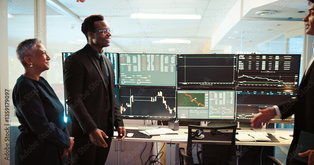 Poster computer screen, meeting and stock market with business people in office together for investment or 