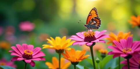 Obraz premium A vibrant image of colorful flowers blooming in a garden with a beautiful butterfly fluttering above, beauty, pollination