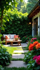 Fototapeta premium A stunning backyard oasis with vibrant flowers, lush greenery, and a cozy seating area, flowers, greenery