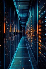 Fototapeta premium Bright blue and white lighting illuminates rows of server racks in this futuristic data center at night.