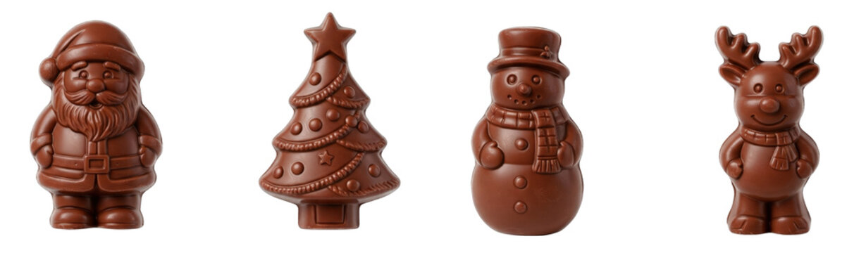 Christmas chocolate figurines, Santa Claus, snowman, decorated tree, reindeer, festive holiday sweet ornaments, PNG, isolated on transparent backround graphic resource
