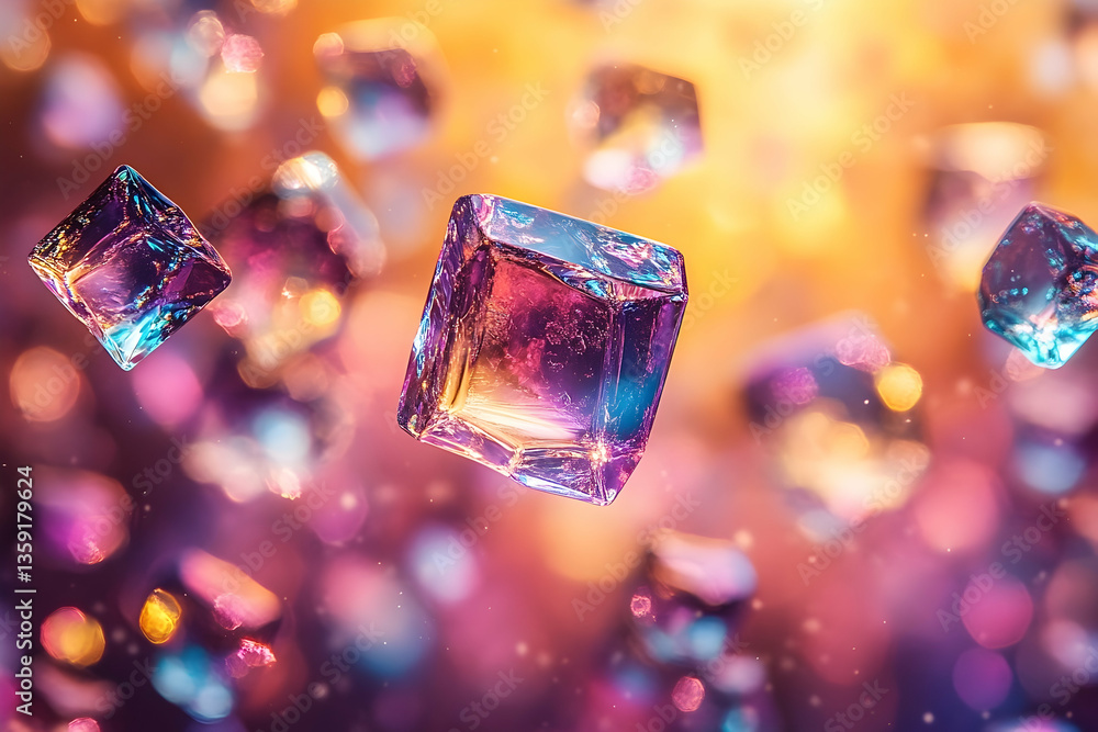 Poster colorful floating ice cubes with a vibrant background of blurred lights and sparkles, creating a mag