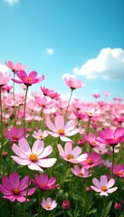 A stunning field of cosmos flowers in full bloom under the clear blue sky,  background, cosmos