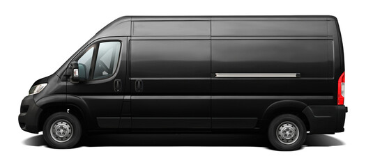 Side view of a modern black long-wheelbase cargo minibus. Isolated on a transparent background, in...