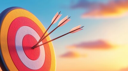 A colorful target with three arrows perfectly embedded, set against a serene backdrop of a sunset.