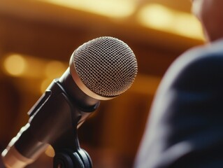 Close-up of professional microphone on stand during interview or presentation.