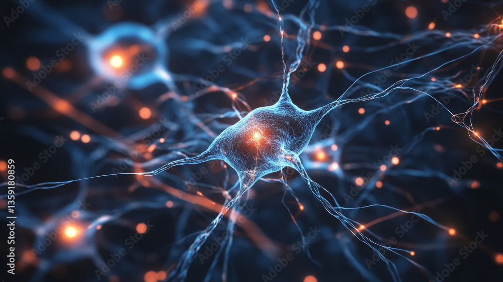 Aufkleber abstract sci-fi 3d illustration. connected neurons, electrical impulses. artificial deep neural netw