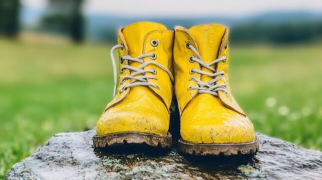 Mud-splattered yellow boots on a rock. - Powered by Adobe