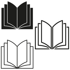 Open book icons. Black and white designs. Minimal reading symbols. Vector education elements.