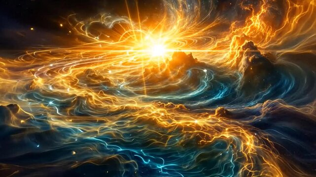 A cosmic energy flow where stars align and vibrate with sound waves