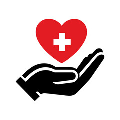 Black silhouette of a hand palm up with red heart above it, heart containing white medical cross, representing healthcare, hospital care, medical help, compassion, health support, and emergency assist