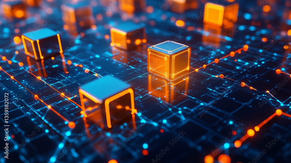 Poster 3d illustration of conducting transactions. blockchain technology. global decentralized database of 