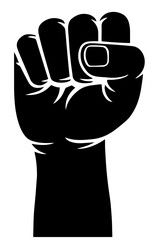 Black silhouette of a raised fist, symbolizing the Black Lives Matter movement, fighting against racism, police brutality, and injustice.

