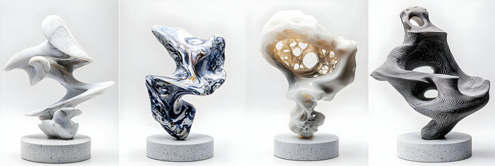 Abstract Sculptures: White, Gray, and Black Ceramic Forms on White Background