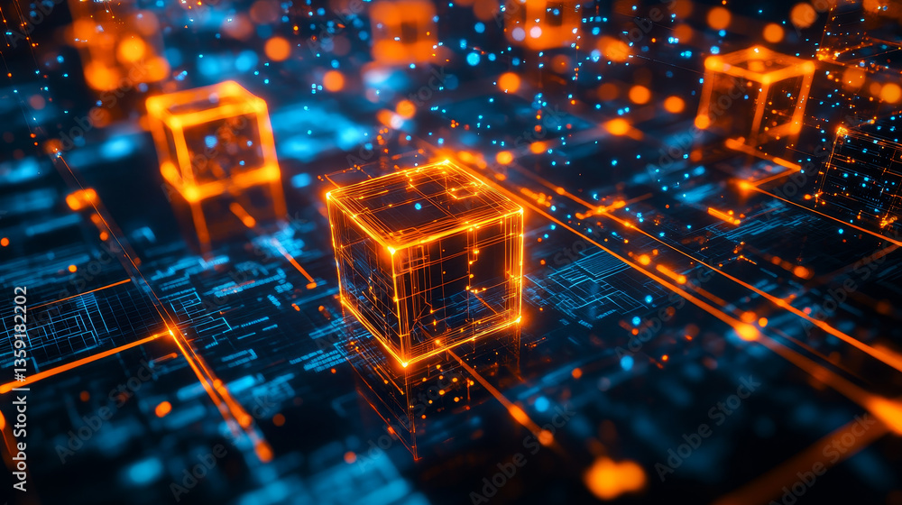 Poster 3d illustration of conducting transactions. blockchain technology. global decentralized database of 