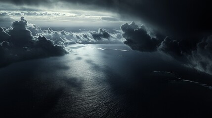A dark themed aerial view of an ocean underneath clouds, evoking an apocalyptic atmosphere