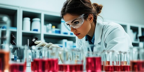 Scientist works in a modern lab, handling colorful test tubes with precision. Surrounded by advanced equipment like microscopes and digital monitors, the environment is clean and cutting-edge
