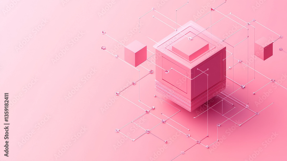 Poster cube of composite elements, blockchain space, data array, pink banner, business poster, digital data