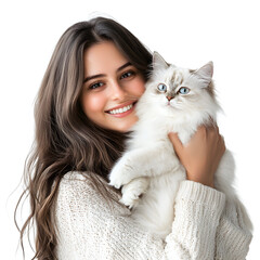 A smiling young woman gently cradles a fluffy, white cat with striking blue eyes. Their bond is evident in this heartwarming moment.