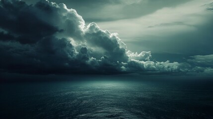 A dark themed aerial view of the ocean with clouds, capturing an apocalyptic atmosphere