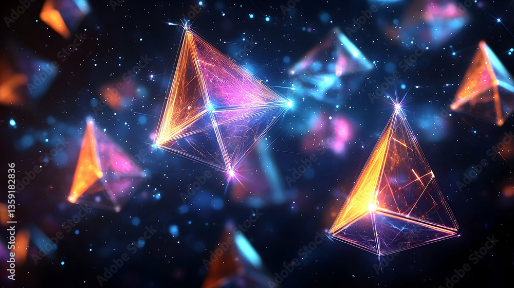 Poster colorful geometric shapes floating in a cosmic space, creating a vibrant and dynamic atmosphere