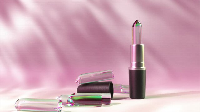 Transparent lipstick breaking apart from sleek dark case, falling across pastel pink background with soft diffused shadows, showcasing cosmetic product design