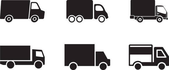 Collection of Delivery Truck Set Vector Icon Representing Shipping, Logistics or Transportation