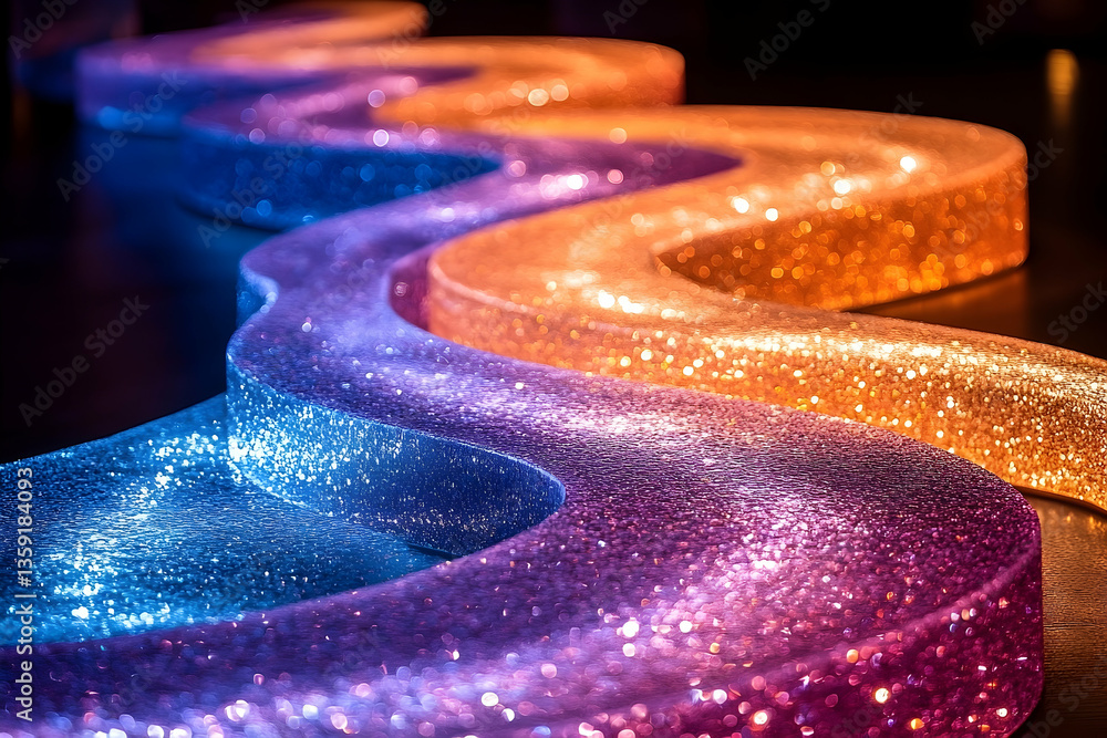 Poster colorful glittering wavy path illuminated in vibrant hues, creating a mesmerizing visual effect