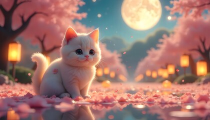 Fototapeta premium Adorable White Kitten Surrounded by Cherry Blossoms and Lanterns at Night